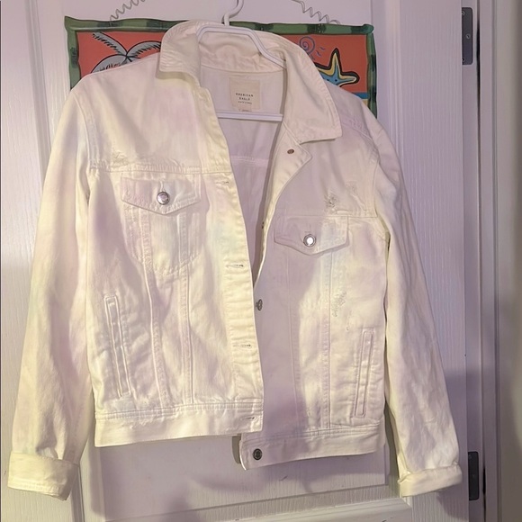 American Eagle White Distressed Denim Jean Jacket Pastel Tie Dye Detail - Picture 1 of 11